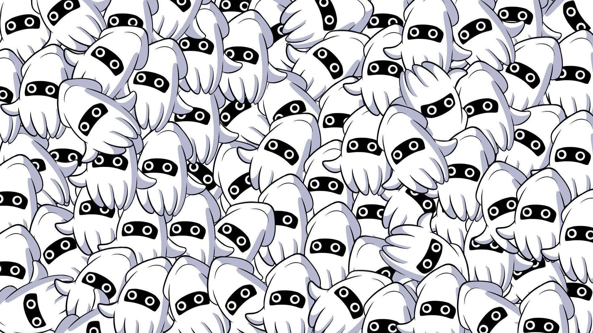 squid 桌布 壁紙 — 密集的白色卡通鬼魂圖案，帶有黑色眼罩和翼狀附屬物，填滿整個畫面。