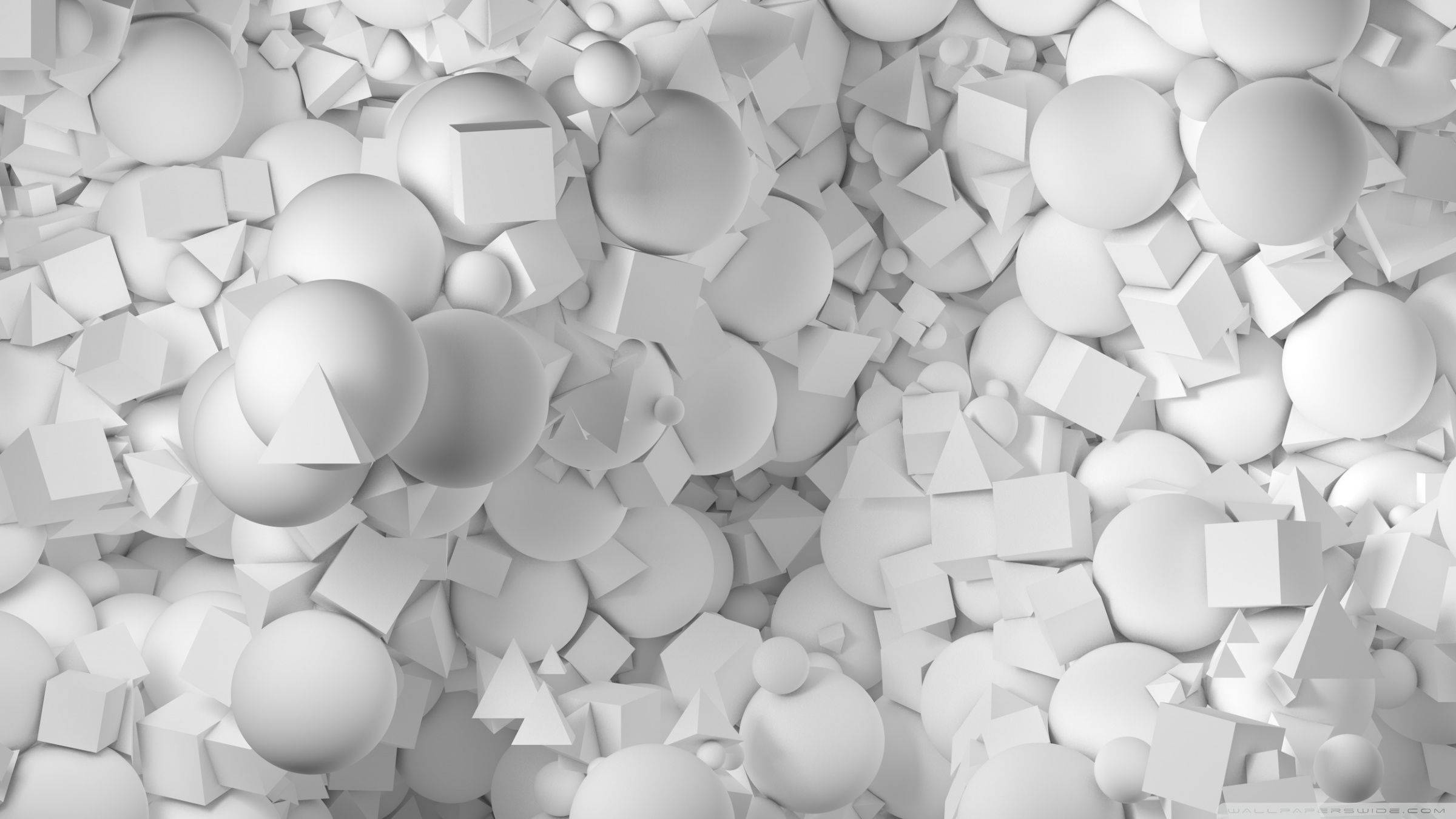 3D 桌布 壁紙 — 密集的白色幾何形狀場地，包括球體、立方體和金字塔，散落在柔和陰影中。