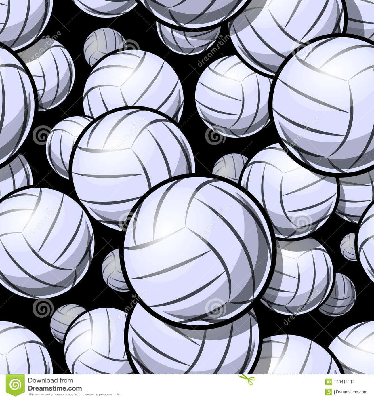 Volleyball Ball 桌布 壁紙 — 密集的白色排球圖案，帶有黑色接縫，漂浮在純黑色背景上。