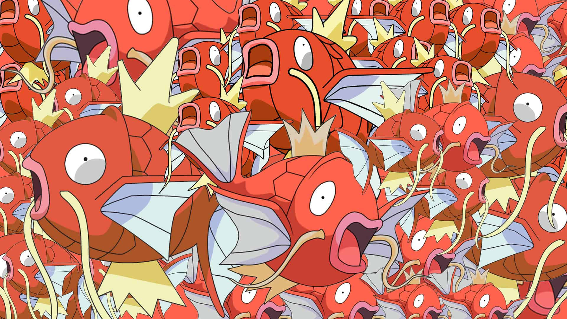 Magikarp 桌布 壁紙 — 密集的紅色卡通鯉魚王魚群，張開嘴巴，黃色魚鰭，以充滿活力的動漫風格填滿畫面。