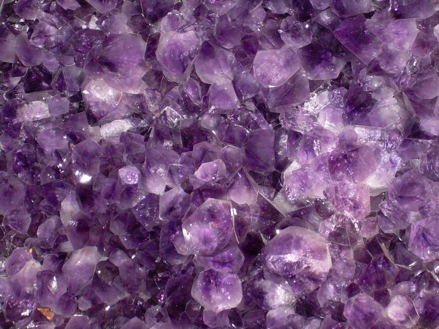紫水晶 桌布 壁紙 — 密集的閃亮紫色紫水晶晶體，帶有銳利刻面和半透明薰衣草色調。