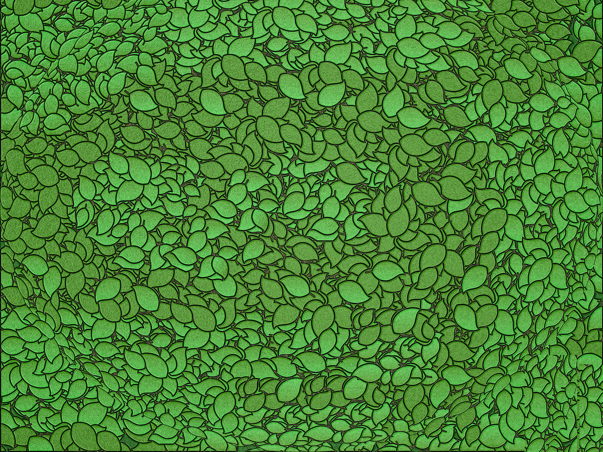 Green Texture 桌布 壁紙 — 密集的風格化綠色葉片圖案，帶有深色輪廓，營造出茂密質感的壁紙。