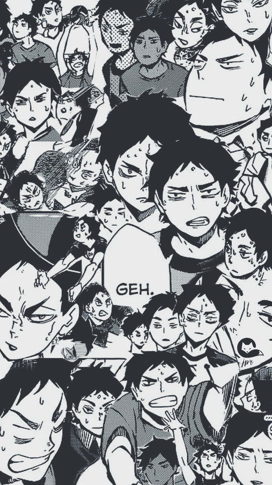 Keiji Akaashi 桌布 壁紙 — 密集的黑白漫畫拼貼，描繪充滿汗水與堅定表情的激烈動漫角色。