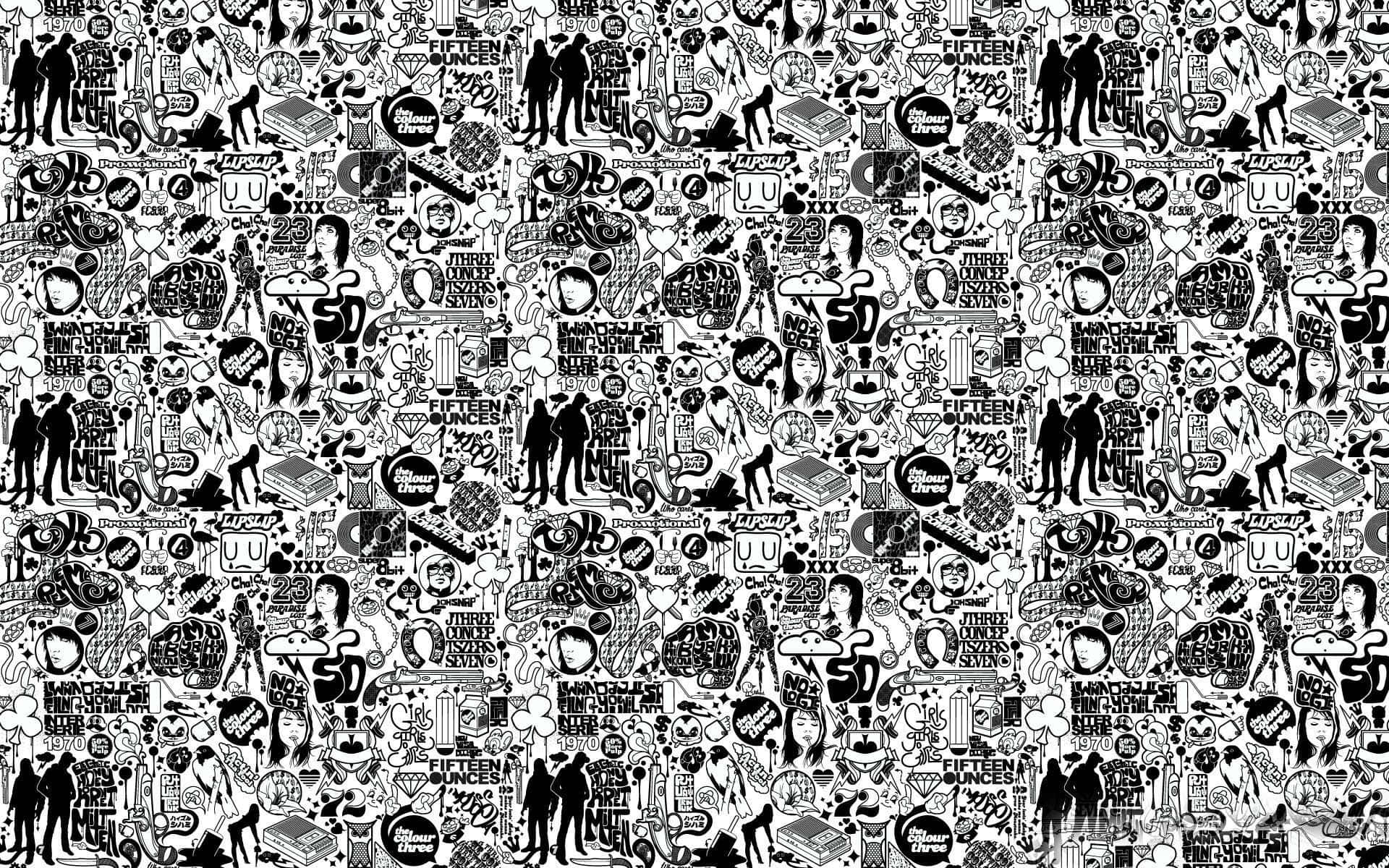 Black And White Comic 桌布 壁紙 — 密集的黑白重複復古風格塗鴉和文字元素圖案。