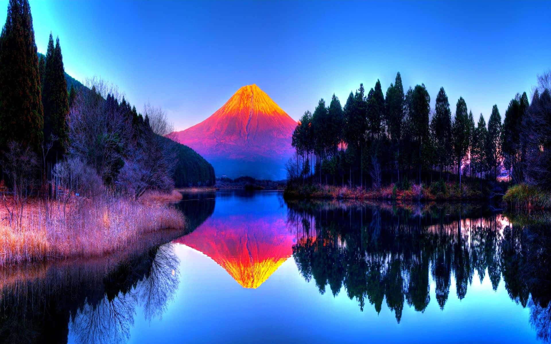 Trippy Nature 桌布 壁紙 — 富士山在深藍色的暮色天空中發出火熱的橙色光芒，完美地倒映在一個被深色常綠樹環繞的平靜湖泊中。