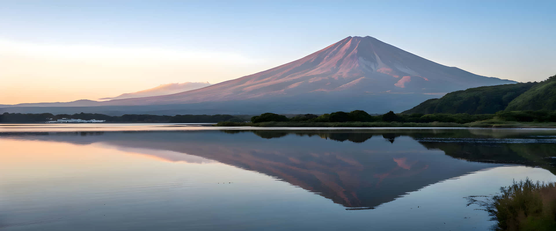 Mountain and lake view landscapes 壁紙 — 富士山在黎明時分雄偉地升起，其積雪的山頂完美地倒映在一個被綠色山丘環繞的平靜湖泊中。
