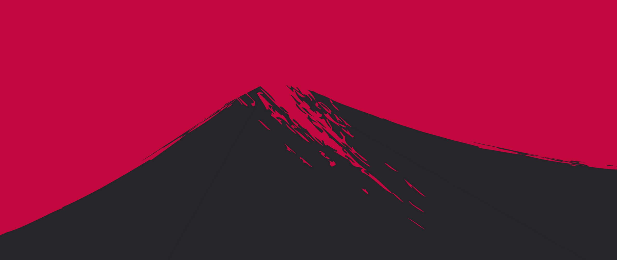 Art 2560x1080 桌布 壁紙 — 富士山的簡約大膽剪影，襯托著充滿活力的紅色天空，並帶有紋理筆觸點綴。