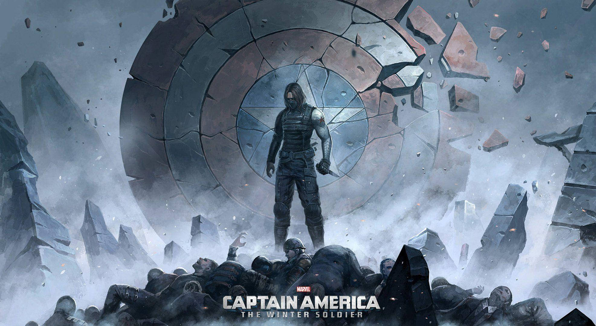 Winter Soldier 桌布 壁紙 — 寒冬戰士傲然立於倒下的敵人之上，面前是破碎的美國隊長盾牌，戰場煙霧瀰漫。