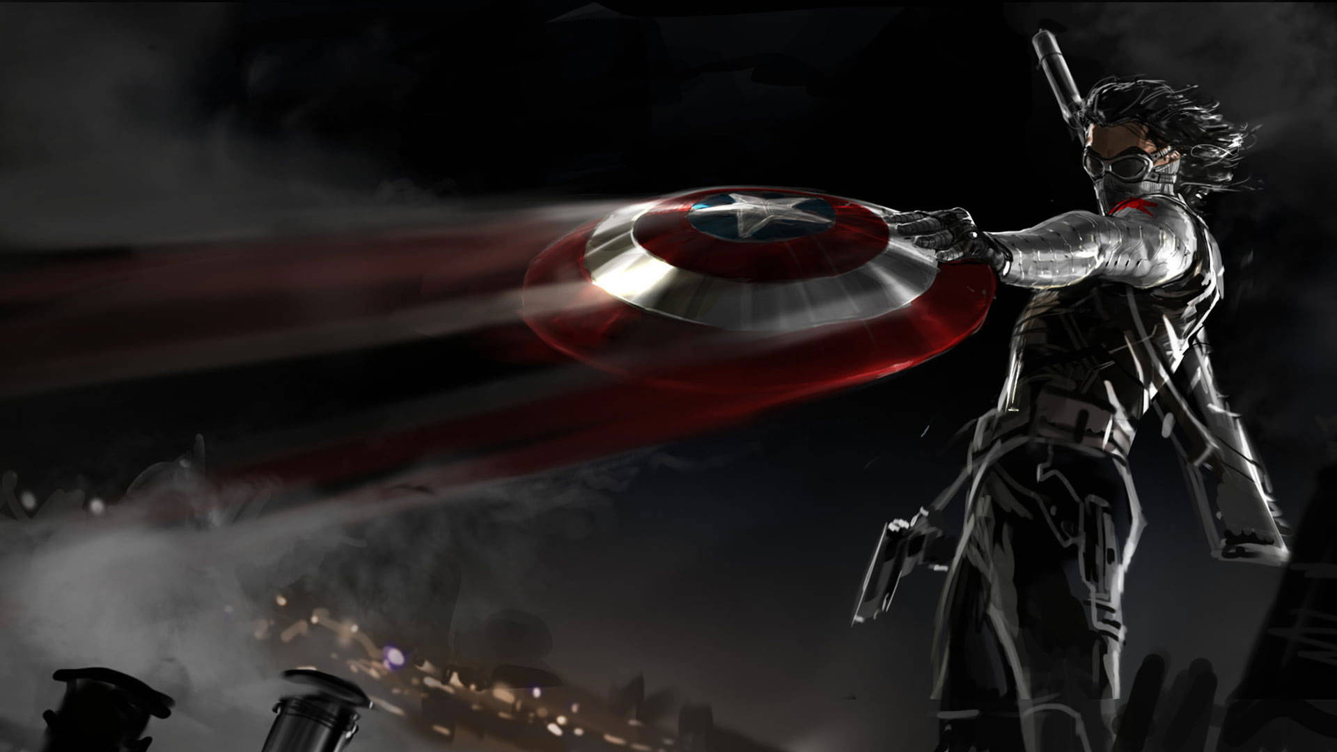Winter Soldier 桌布 壁紙 — 寒冬戰士在煙霧瀰漫的夜空下揮舞其標誌性盾牌，背景是城市天際線。