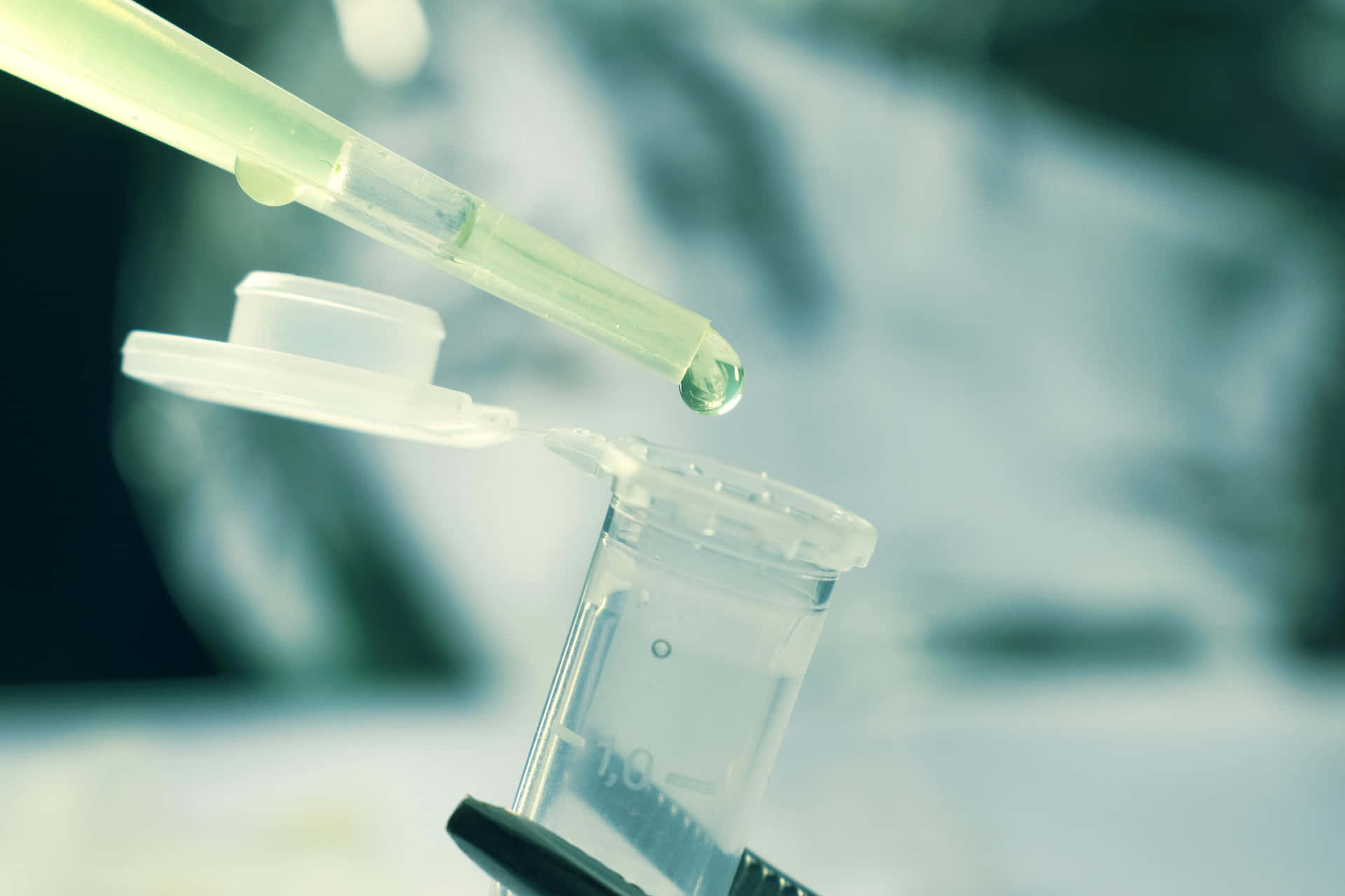 科學 桌布 壁紙 — 實驗室環境中，移液器將綠色液滴釋放到透明試管中的特寫。