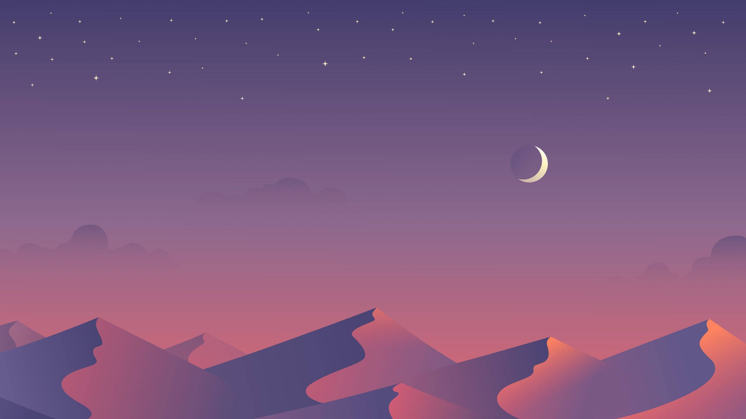 美學 桌布 壁紙 — 寧靜夜空，新月與繁星點綴，紫色與粉紅色的山巒輪廓分明。