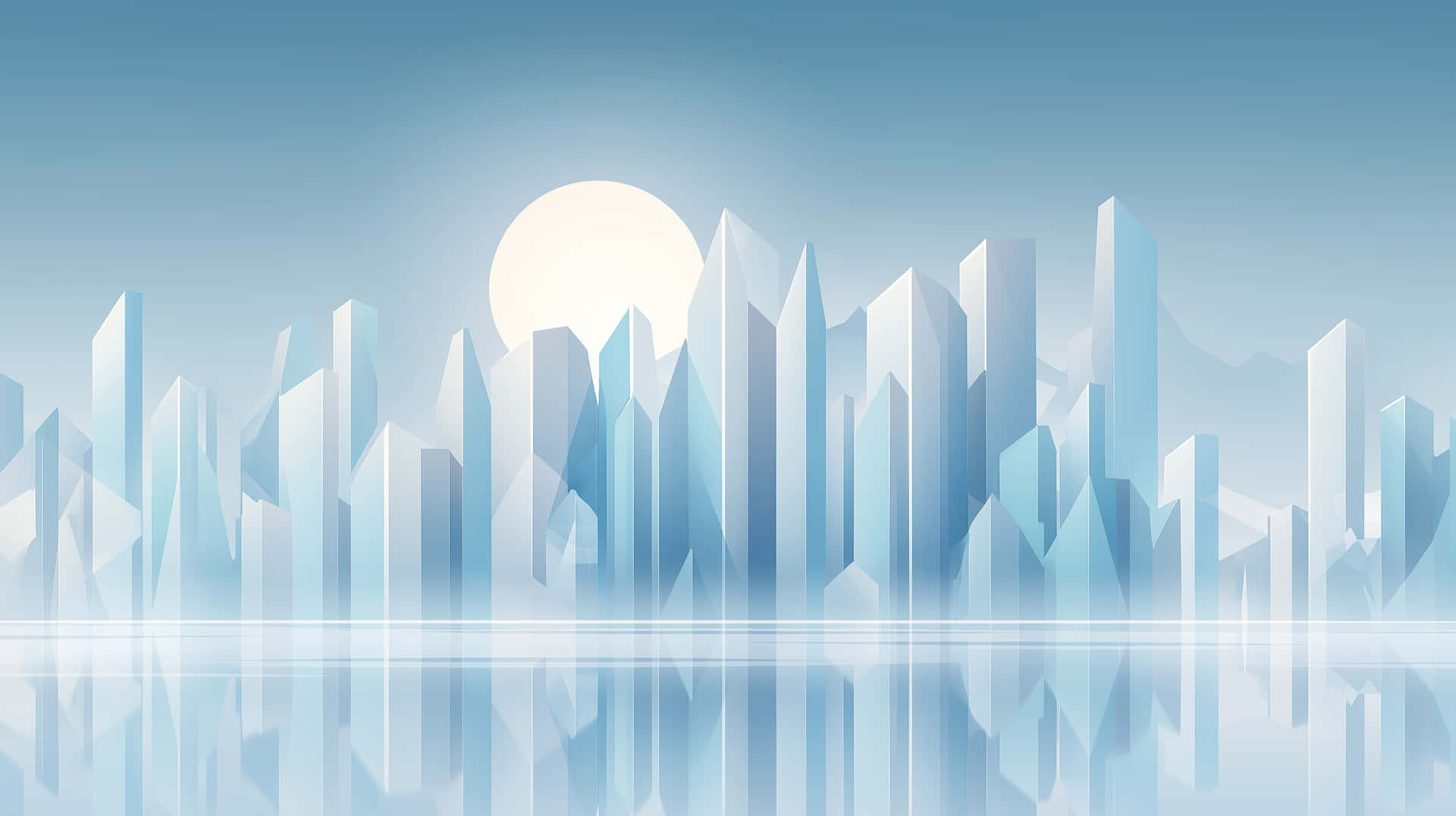 Minimalist Arctic Cityscape with Geometric Crystal Towers 壁紙 — 寧靜抽象的城市景觀，水晶藍色的摩天大樓在平靜的水面上倒映，柔和發光的太陽。