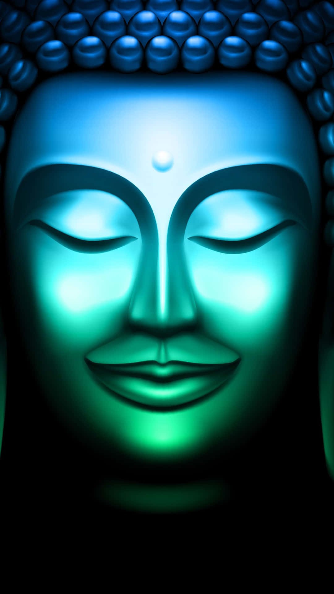 佛陀 桌布 壁紙 — 寧靜的佛陀面容在黑暗背景下散發出令人平靜的藍色和綠色光芒。