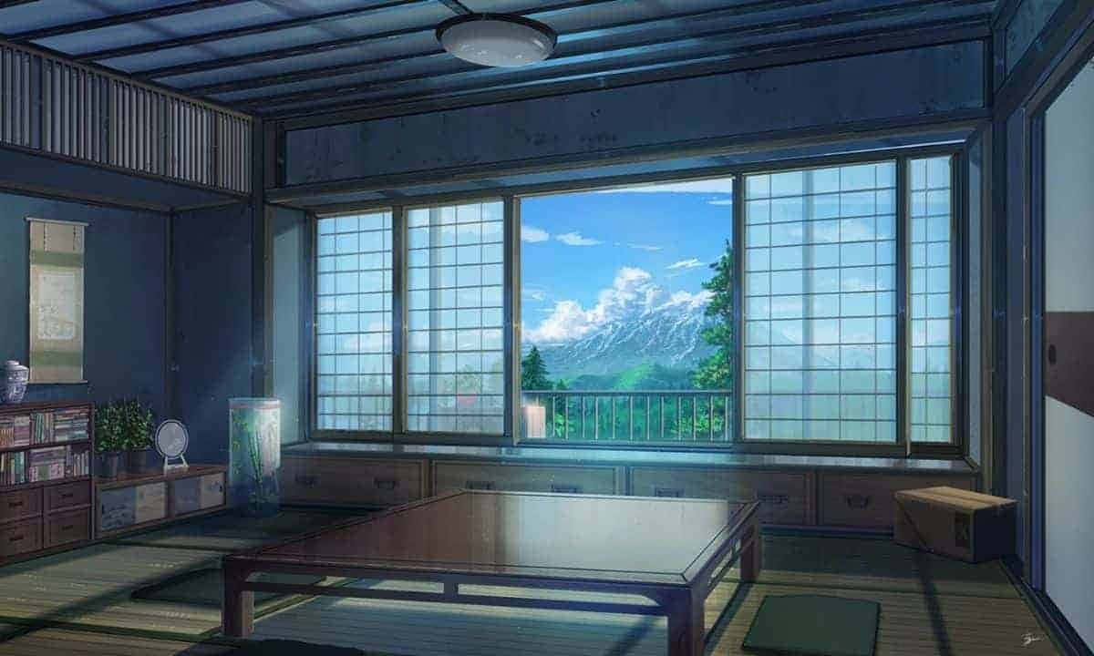 Anime Living Room 桌布 壁紙 — 寧靜的傳統日式房間，鋪有榻榻米和障子屏風，可欣賞到明亮藍天下雄偉的雪山。
