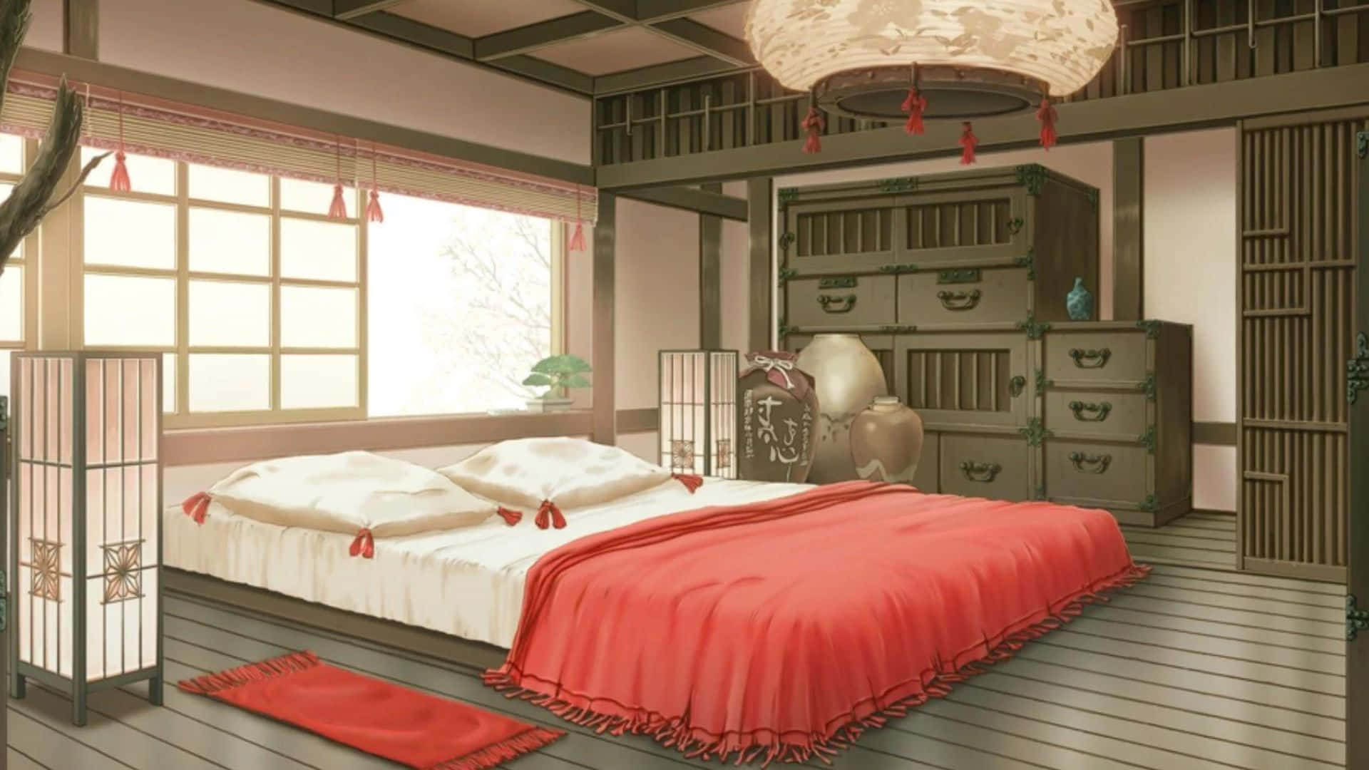 Aesthetic Anime Bedroom 桌布 壁紙 — 寧靜的傳統日式臥室，紅色毯子覆蓋在低矮的床上，木地板和紙燈籠柔和地發光。