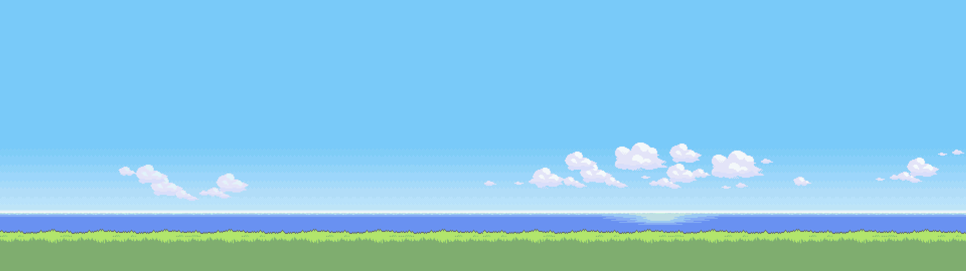 3840x1080 桌布 壁紙 — 寧靜的像素藝術地平線，蓬鬆的白雲在充滿活力的綠色草地上飄浮，背景是清澈的藍天。