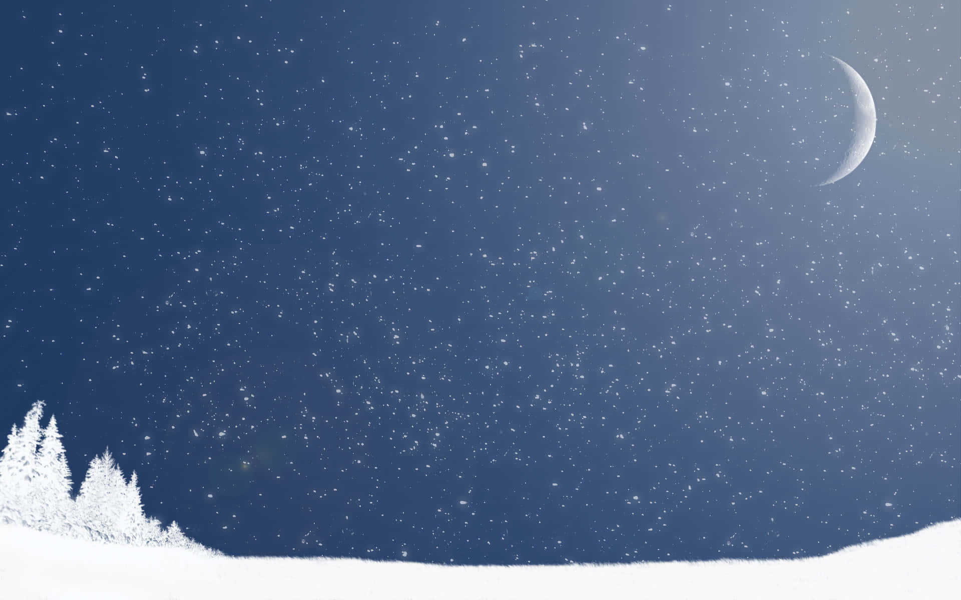 桌布 壁紙 — 寧靜的冬夜，新月和星星在白雪覆蓋的松樹上方。
