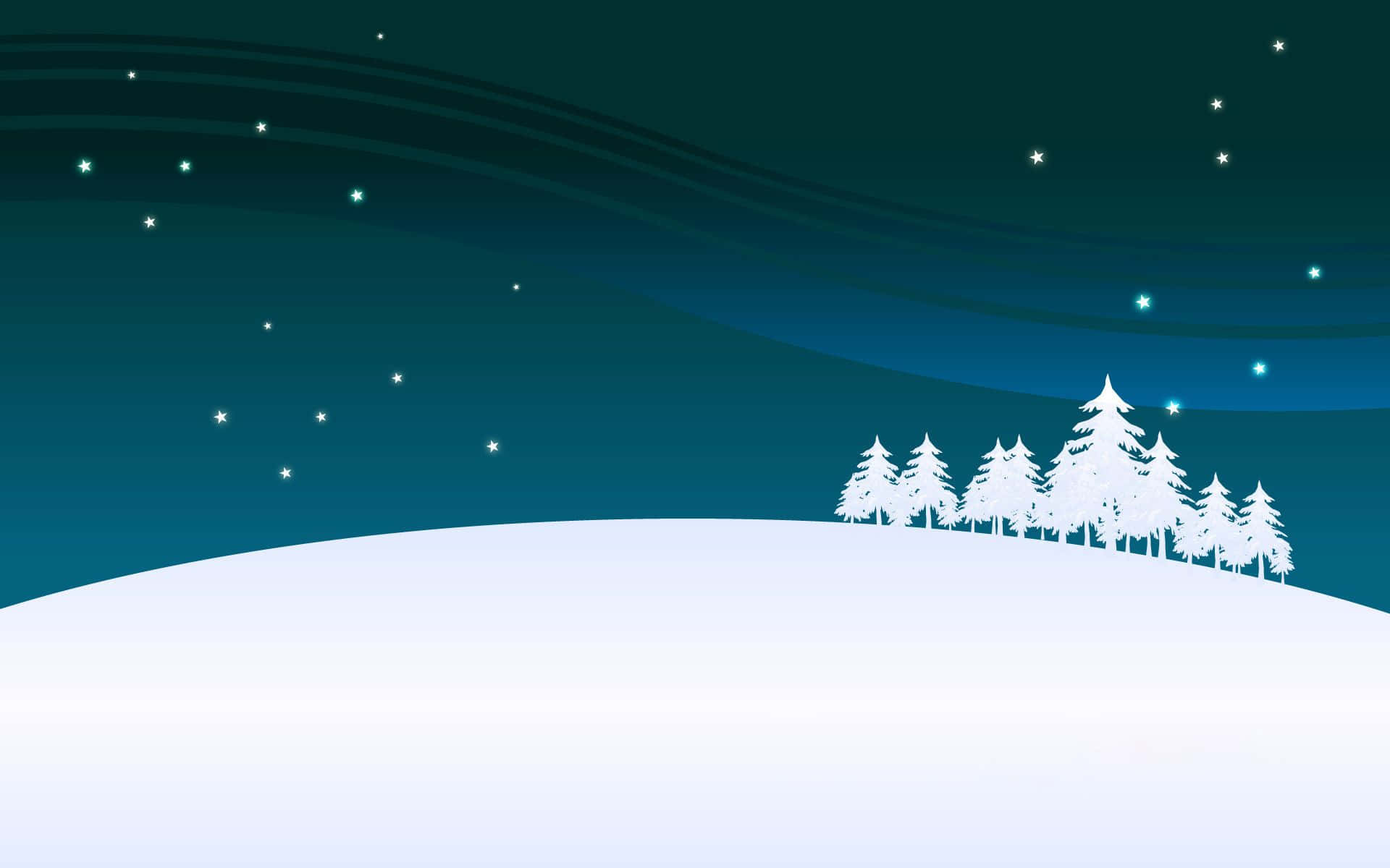 Winter Holiday 桌布 壁紙 — 寧靜的冬夜，白雪覆蓋的松樹在繁星點點的藍綠色天空下形成剪影。