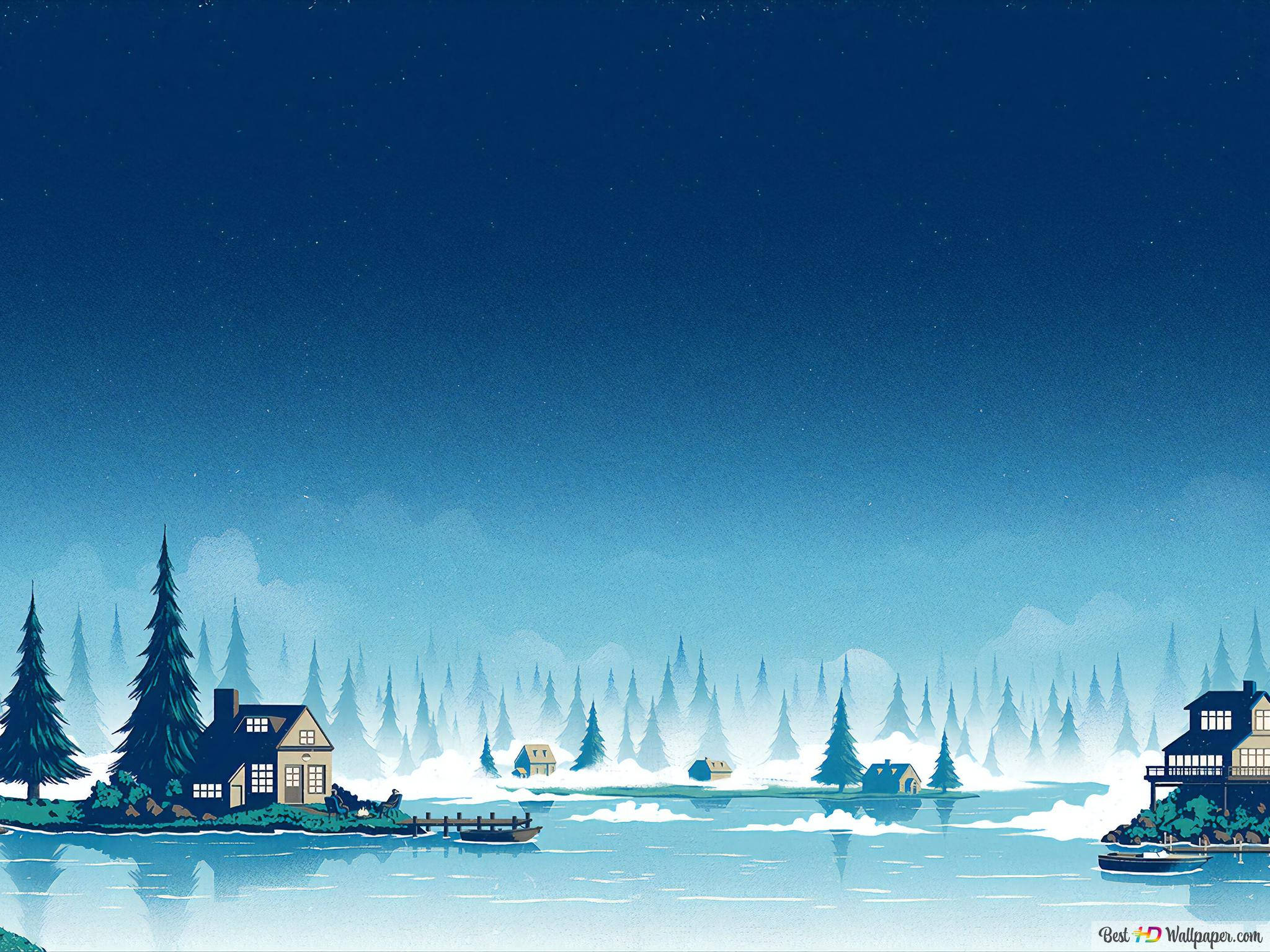 Digital 桌布 壁紙 — 寧靜的冬夜場景，白雪覆蓋的房屋坐落在松樹間，旁邊是平靜的湖泊，上方是星空。