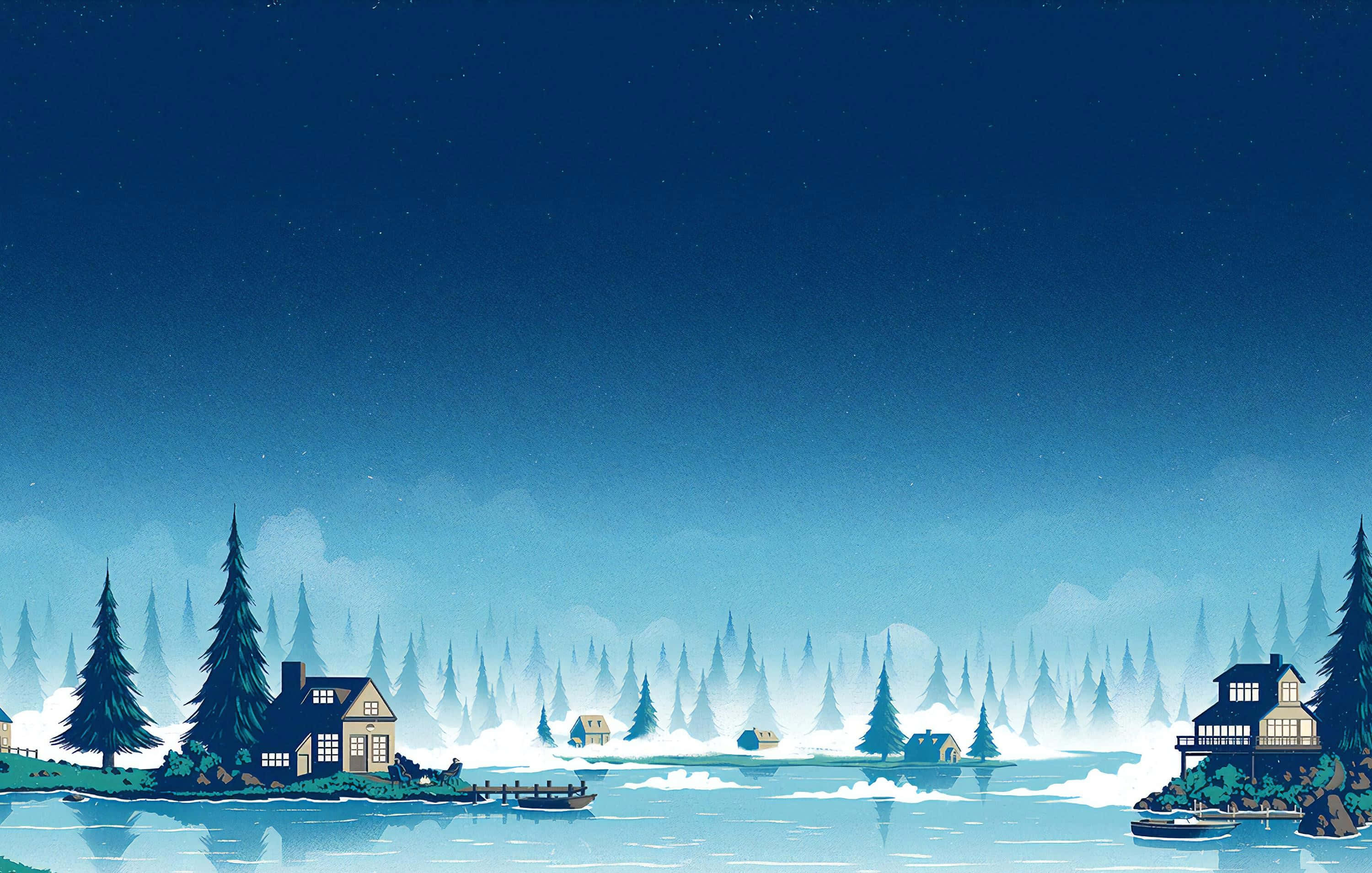 Winter 桌布 壁紙 — 寧靜的冬夜場景，雪覆蓋的房屋和松樹倒映在星空下的平靜湖面上。