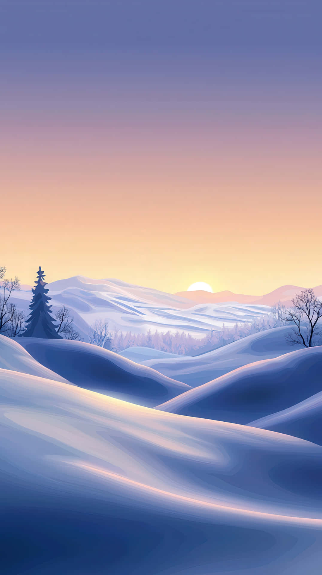 Serene snowy landscape at sunrise 壁紙 — 寧靜的冬季日出在白雪覆蓋的起伏山丘和孤獨的松樹上塗上柔和的粉紅色和藍色色調。