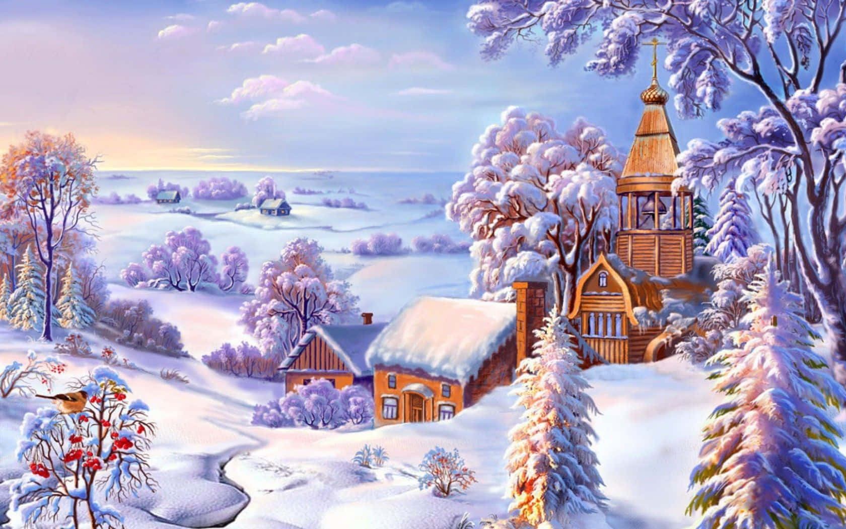 Winter Painting 桌布 壁紙 — 寧靜的冬季景色，雪覆蓋的木造教堂和小屋坐落在結霜的樹木之間，天空呈現柔和的粉彩色調。
