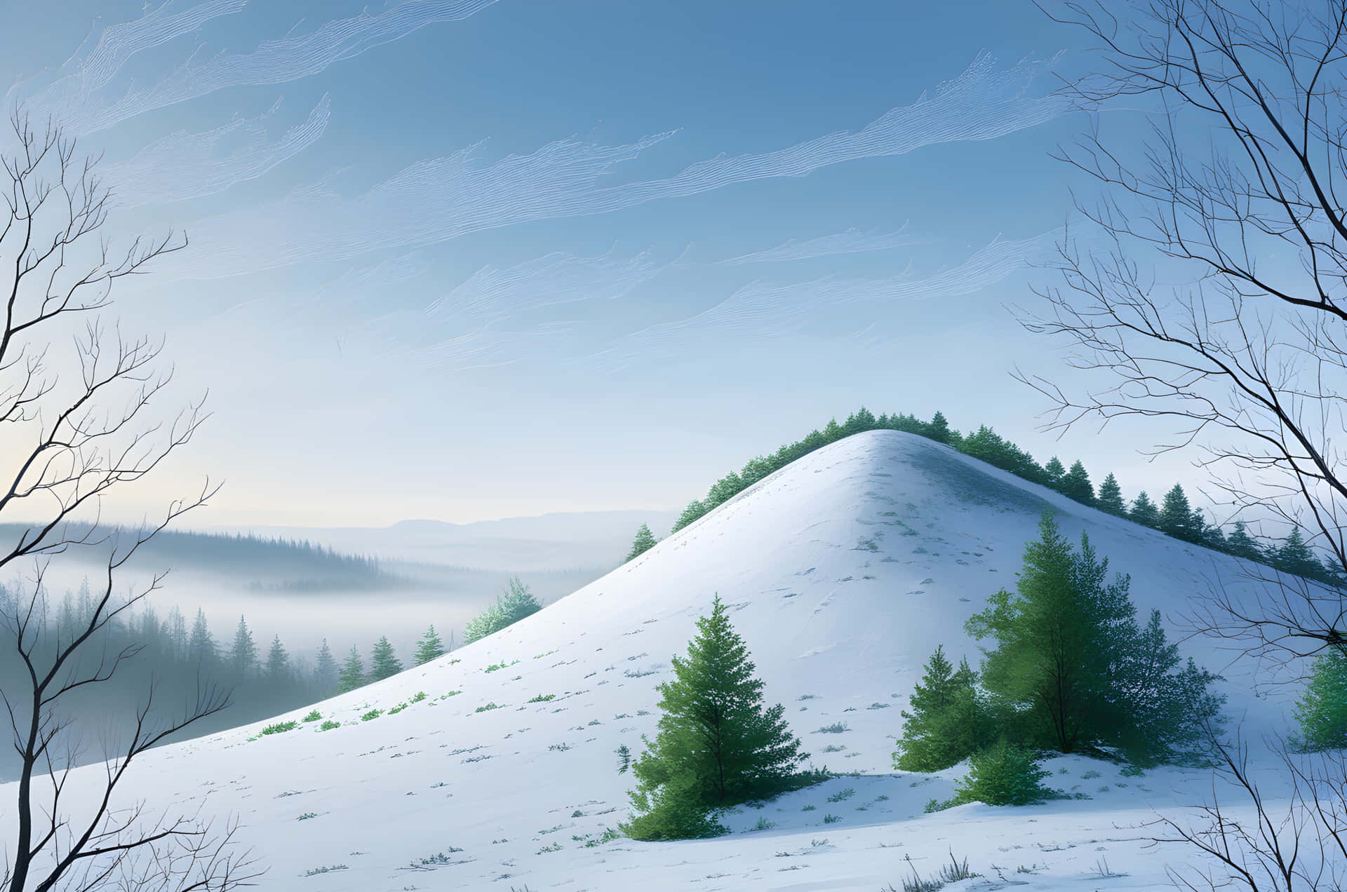 natural hill with green tree 壁紙 — 寧靜的冬季景觀，白雪覆蓋的山丘上點綴著常青樹，淡藍色的天空飄著縷縷白雲。