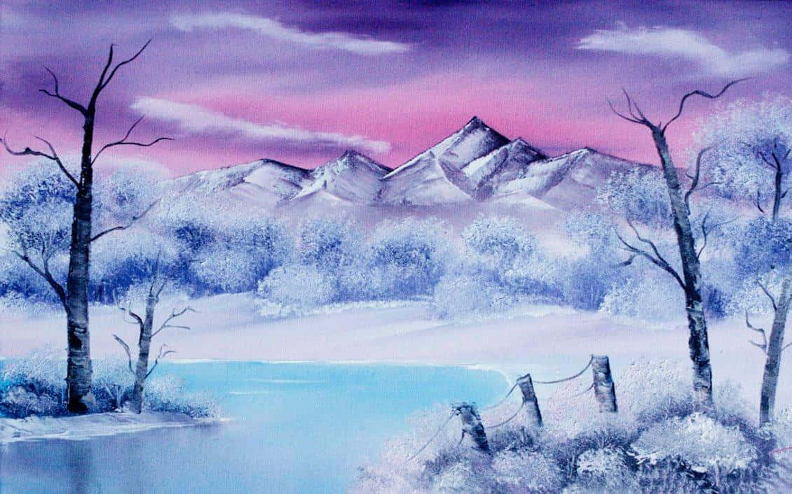 Winter Painting 桌布 壁紙 — 寧靜的冬季景觀，白雪覆蓋的山脈和光禿禿的樹木，在充滿活力的紫色和粉紅色天空下。