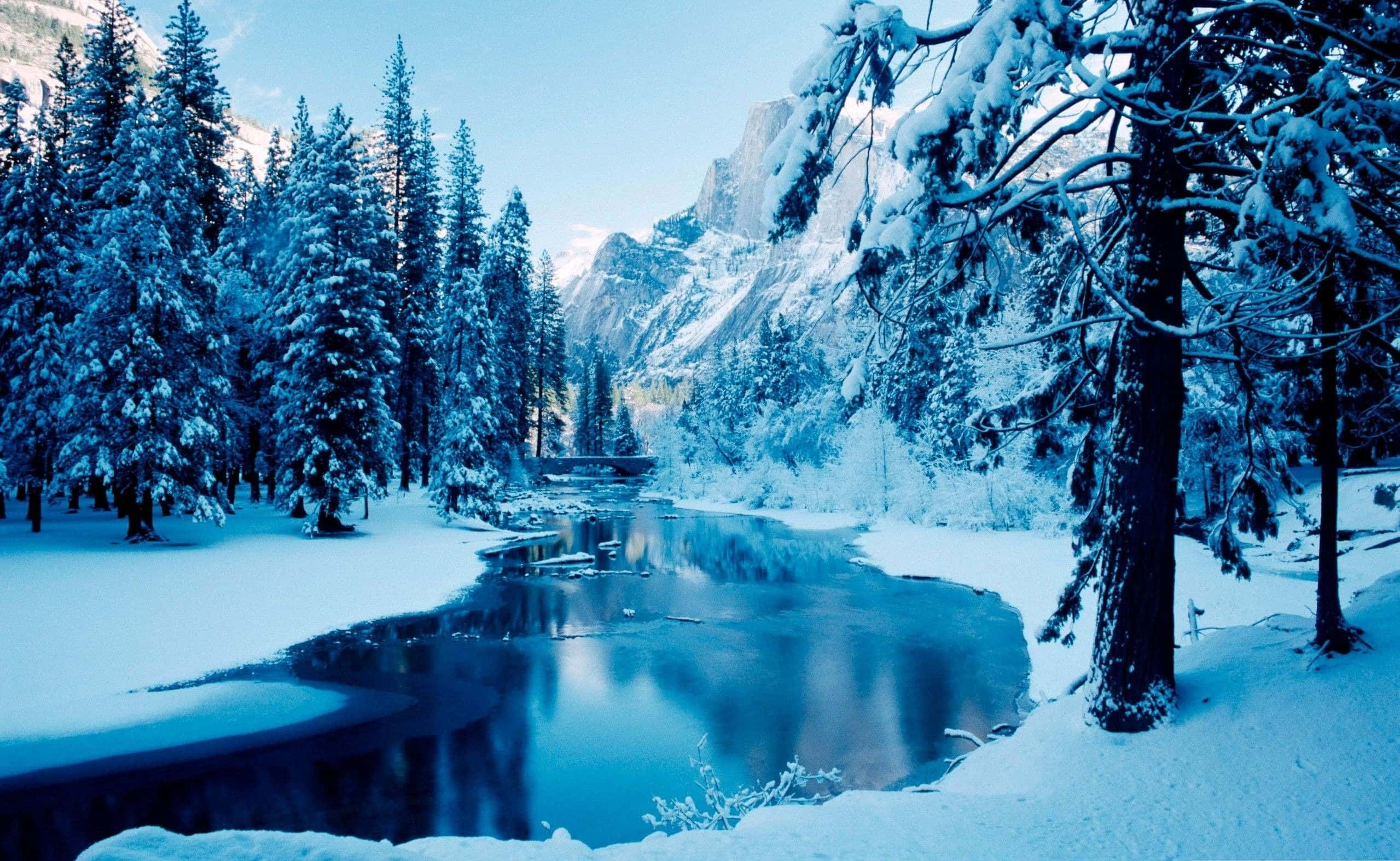 Snowy Landscape 桌布 壁紙 — 寧靜的冬季景觀，白雪覆蓋的松樹和一條平靜的河流，在晴朗的天空下倒映著藍色的山脈。