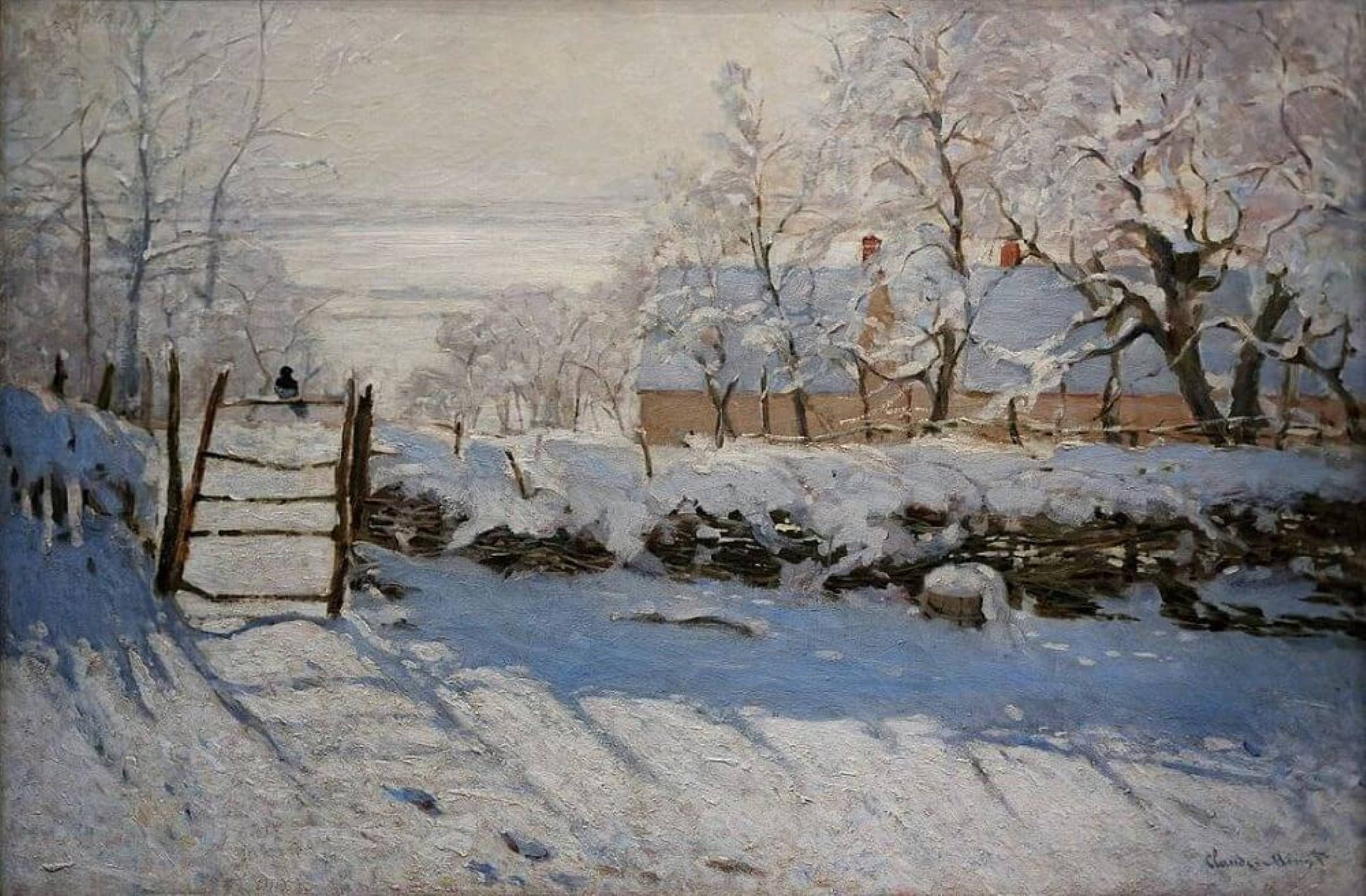 Monet 桌布 壁紙 — 寧靜的冬季景觀，白雪覆蓋的樹木和質樸的木柵欄，沿著小屋附近結冰的小溪。