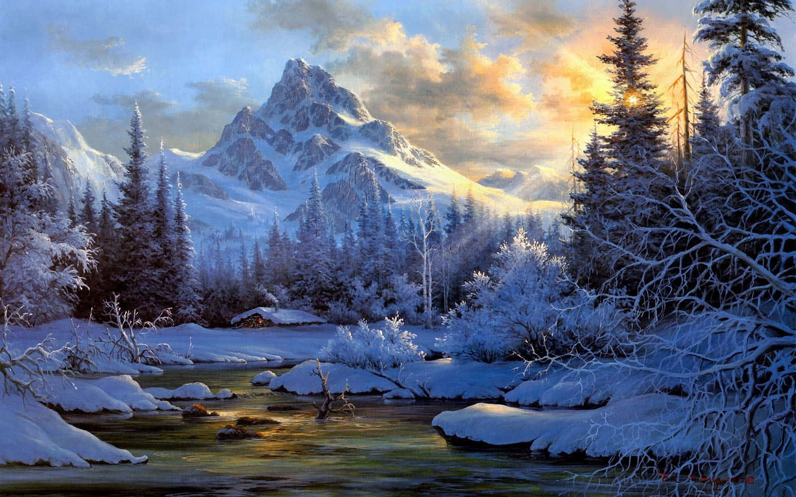 山景 桌布 壁紙 — 寧靜的冬季景觀，覆蓋白雪的山脈和松樹在流動的河流上反射金色的日落光線。
