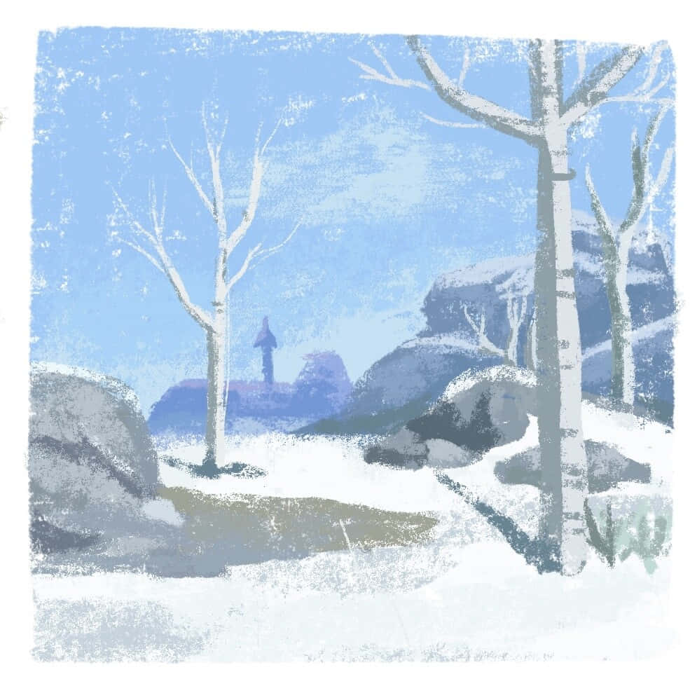 Botw 桌布 壁紙 — 寧靜的冬季景觀，雪覆蓋的白樺樹和遠山在柔和的藍天下。