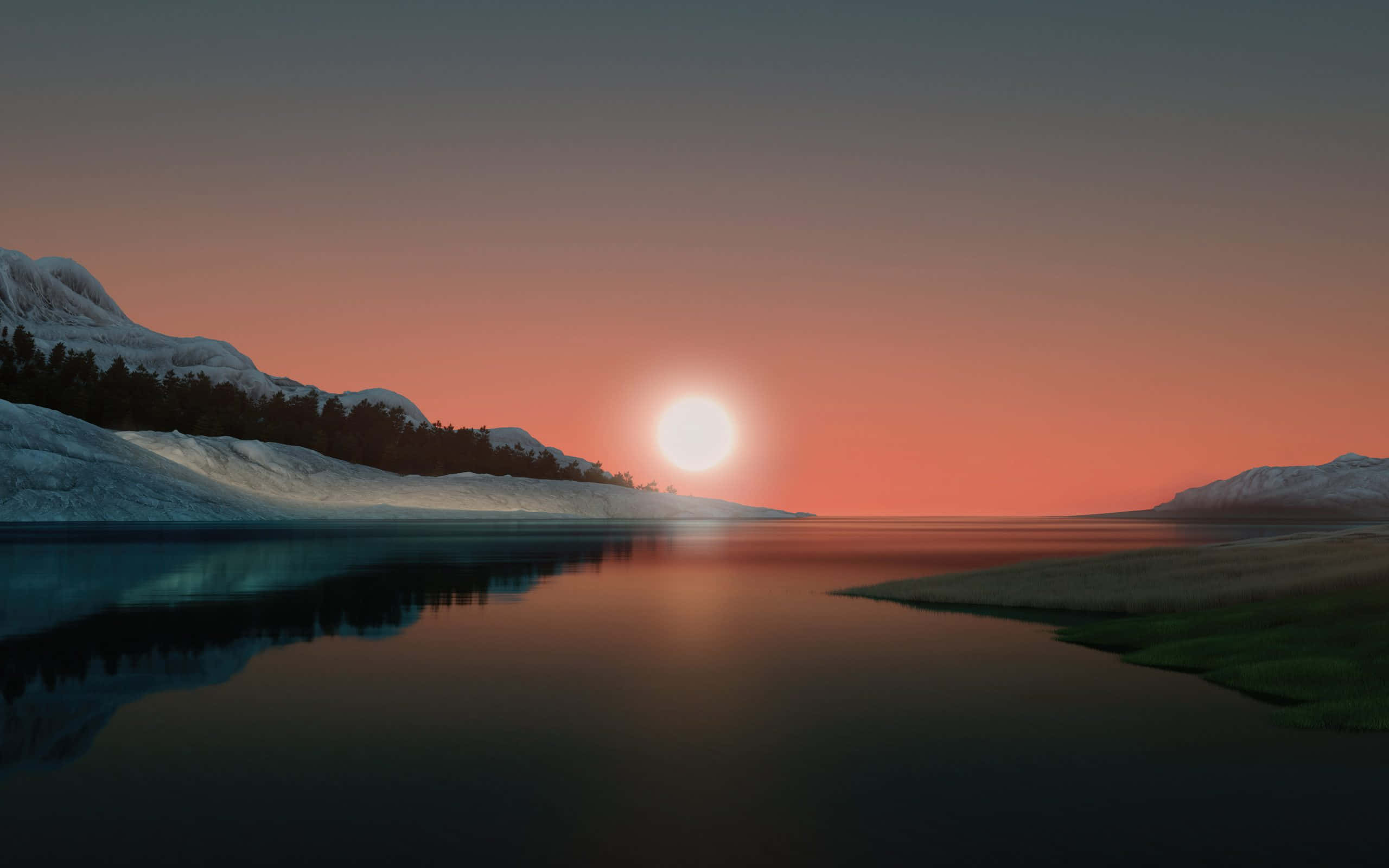 Windows Default 桌布 壁紙 — 寧靜的冬日夕陽映照在平靜的湖面上，白雪覆蓋的山脈和 vibrant 橙色天空倒映在水中。