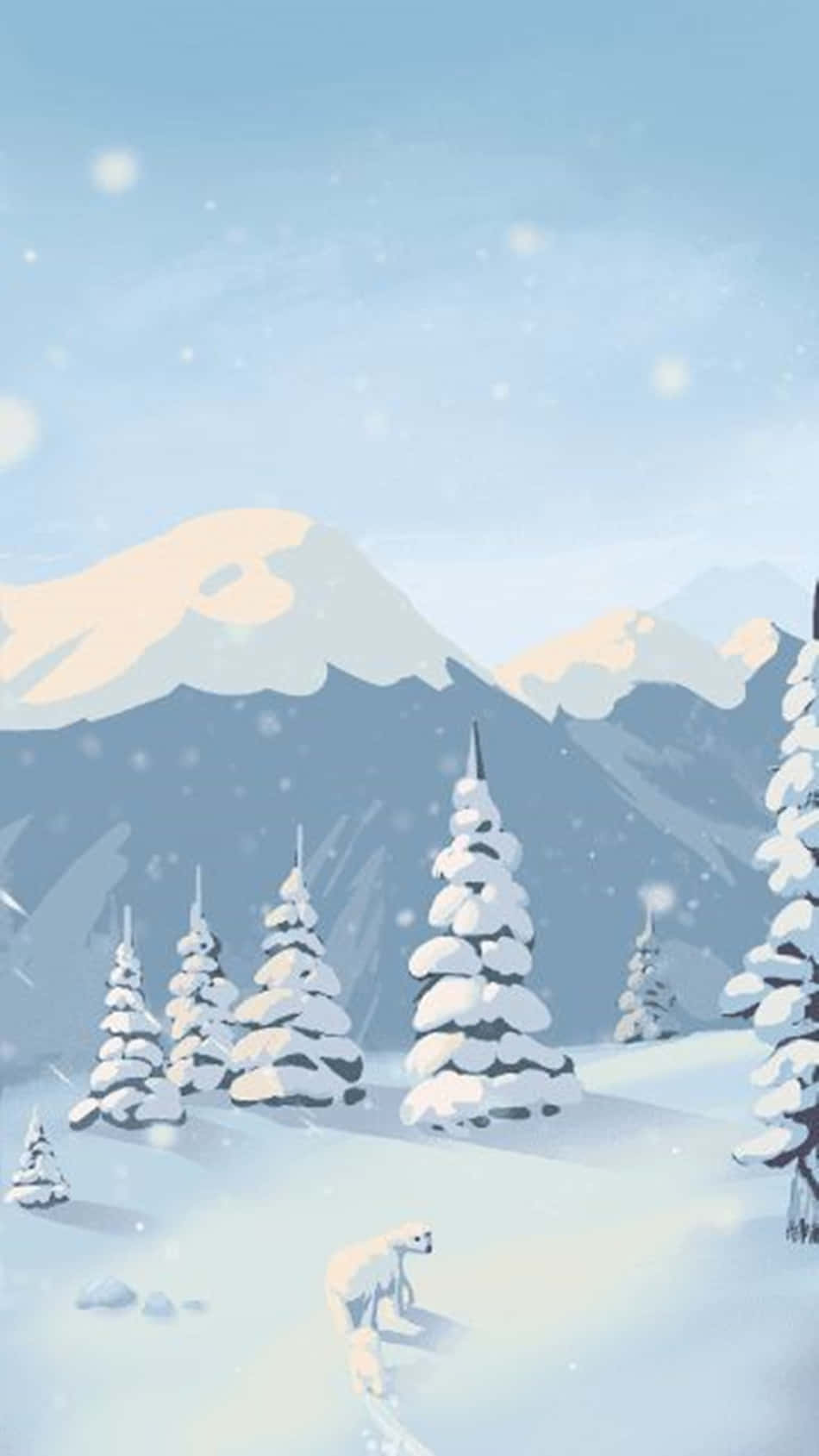 Snow iPhone 桌布 壁紙 — 寧靜的冬日景象，白雪覆蓋的松樹和遠山，在柔和的藍天下飄落著雪花。