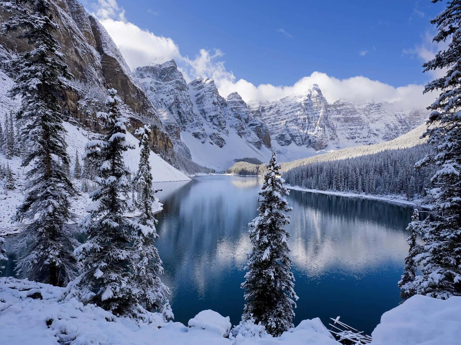 Lake 桌布 壁紙 — 寧靜的冬日湖泊倒映著白雪覆蓋的山脈和常青樹，天空湛藍，白雲朵朵。