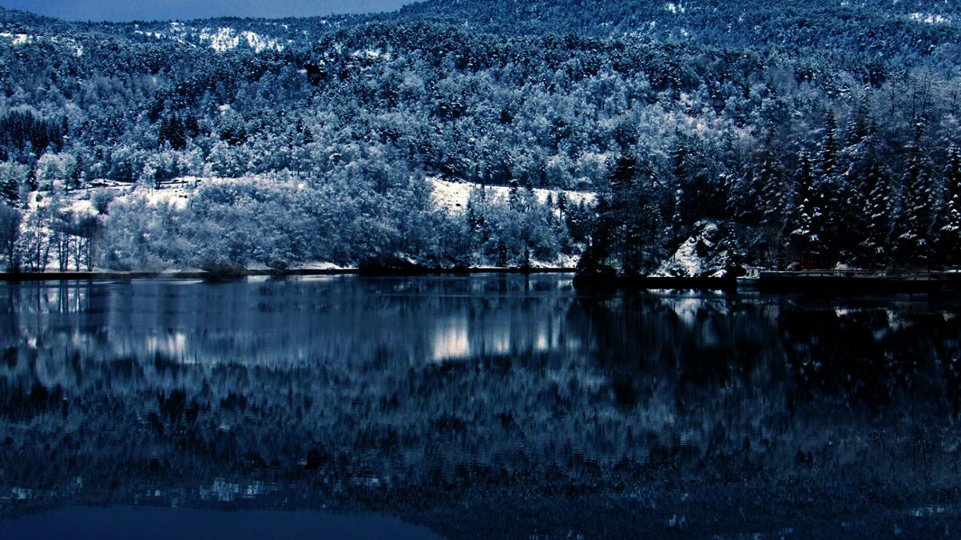 冬季桌面 桌布 壁紙 — 寧靜的冬日湖泊映照著白雪覆蓋的常綠森林，在深藍色的暮色天空下。
