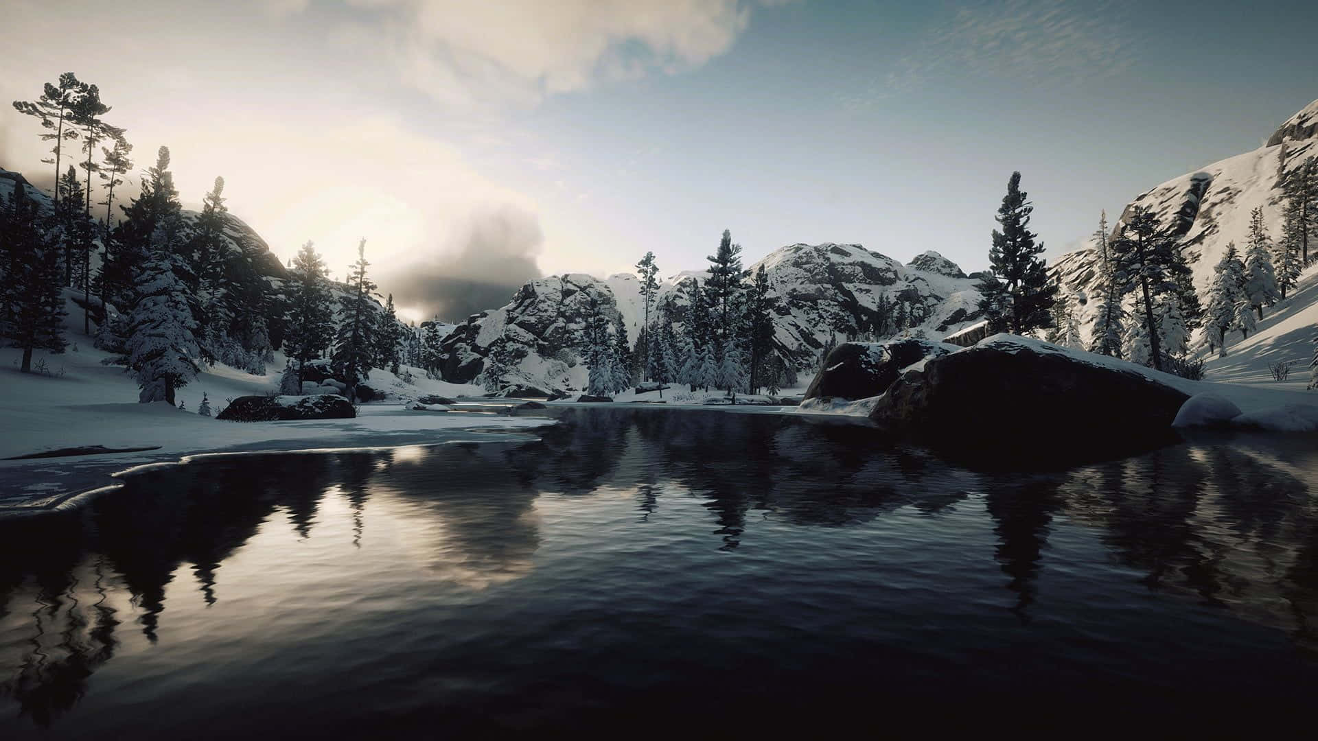 Red Dead Redemption 4K 桌布 壁紙 — 寧靜的冬日湖泊映照著積雪的松樹和山脈，在柔和的黎明天空下。