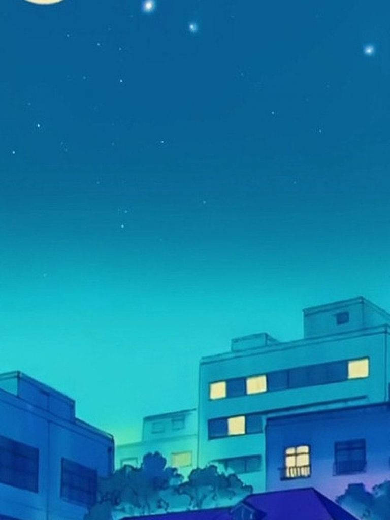 藍色美學 桌布 壁紙 — 寧靜的動漫夜景，城市建築中發光的窗戶，星空下帶有藍綠色天空。