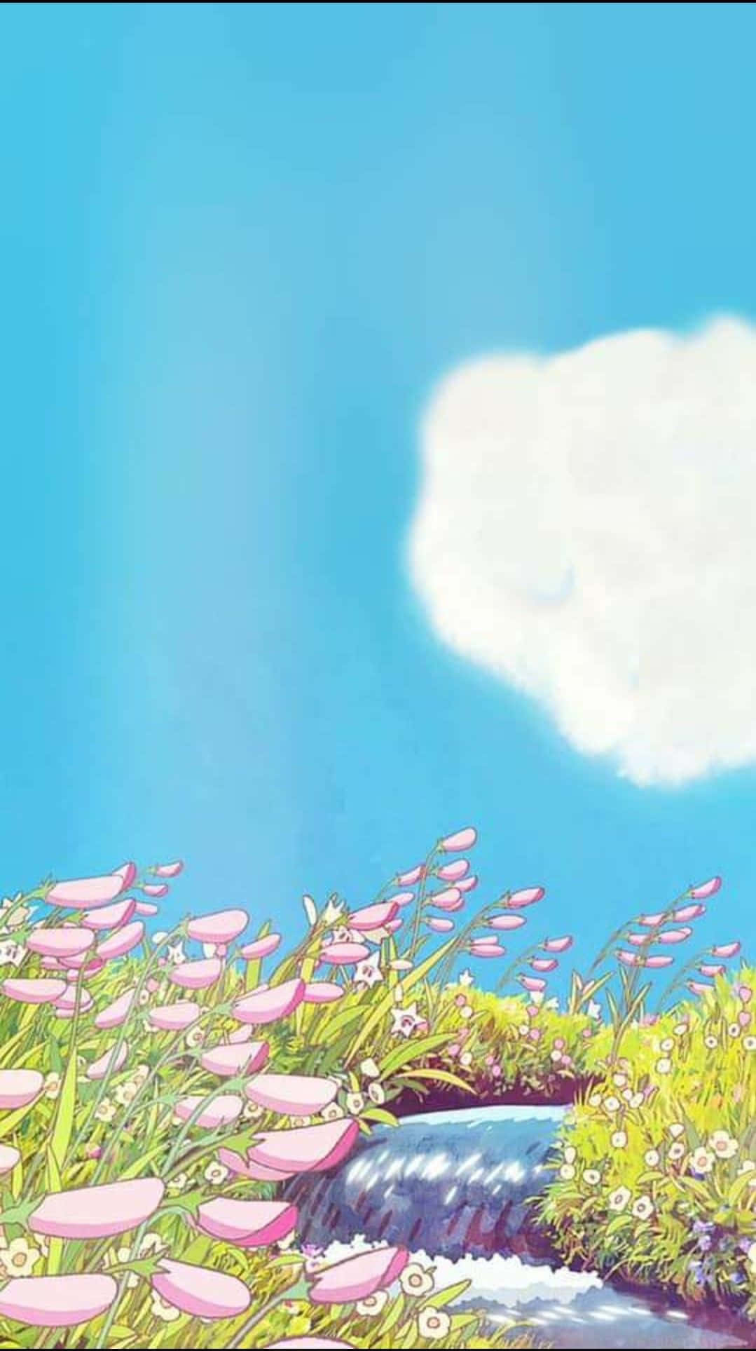 Aesthetic Ghibli 桌布 壁紙 — 寧靜的動漫風格場景，粉紅色風鈴草沿著溪流排列，在明亮的藍天下有一朵蓬鬆的白雲。