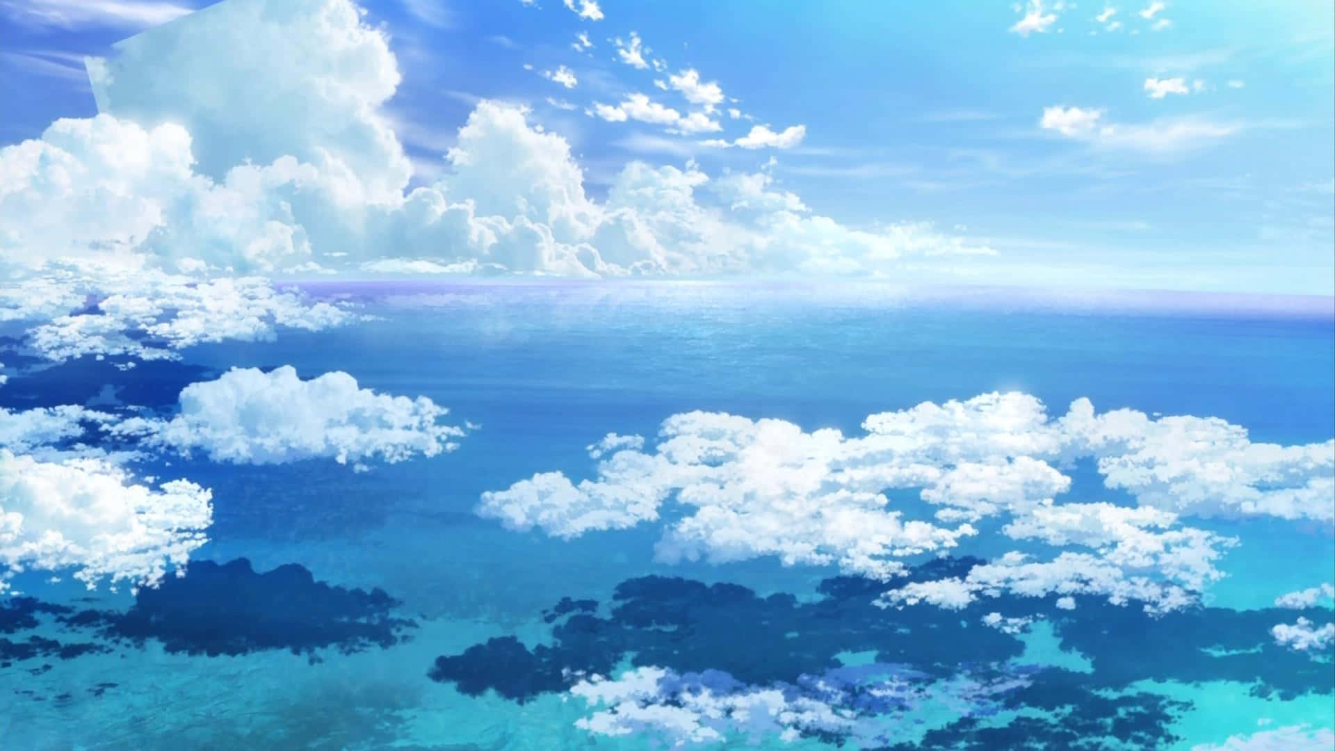 動漫風格 桌布 壁紙 — 寧靜的動漫風格天空景觀，蓬鬆的白雲漂浮在廣闊的藍色海洋之上，陽光普照。