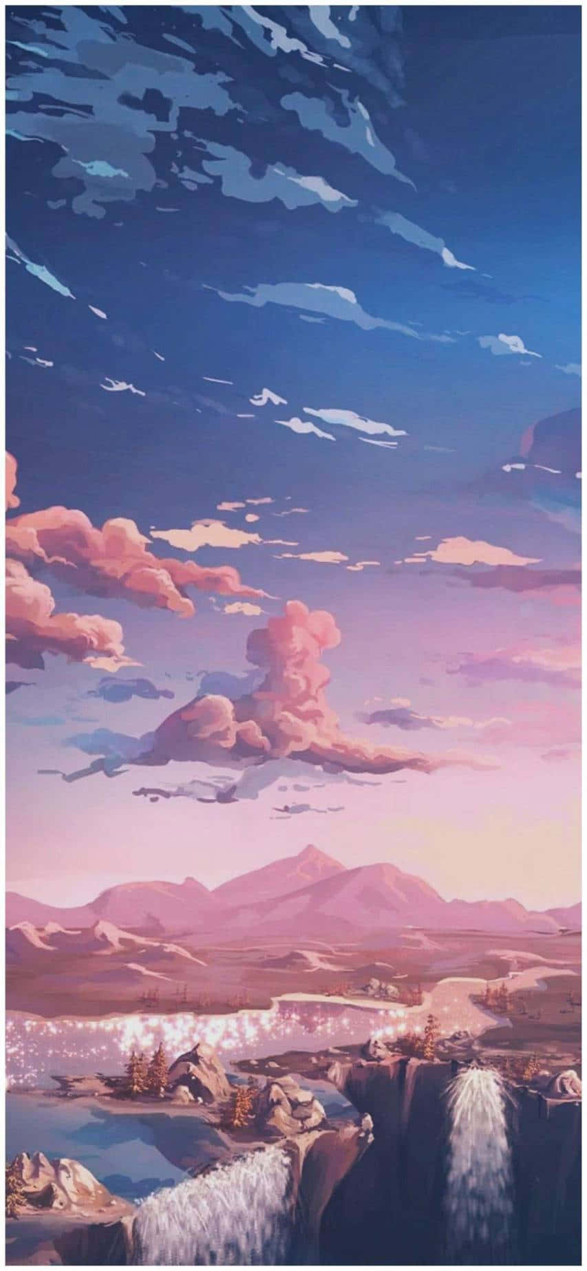 Tumblr Pink 桌布 壁紙 — 寧靜的動漫風格風景，粉紅色的雲朵飄在紫色山脈之上，發光的瀑布在暮色天空下閃耀。
