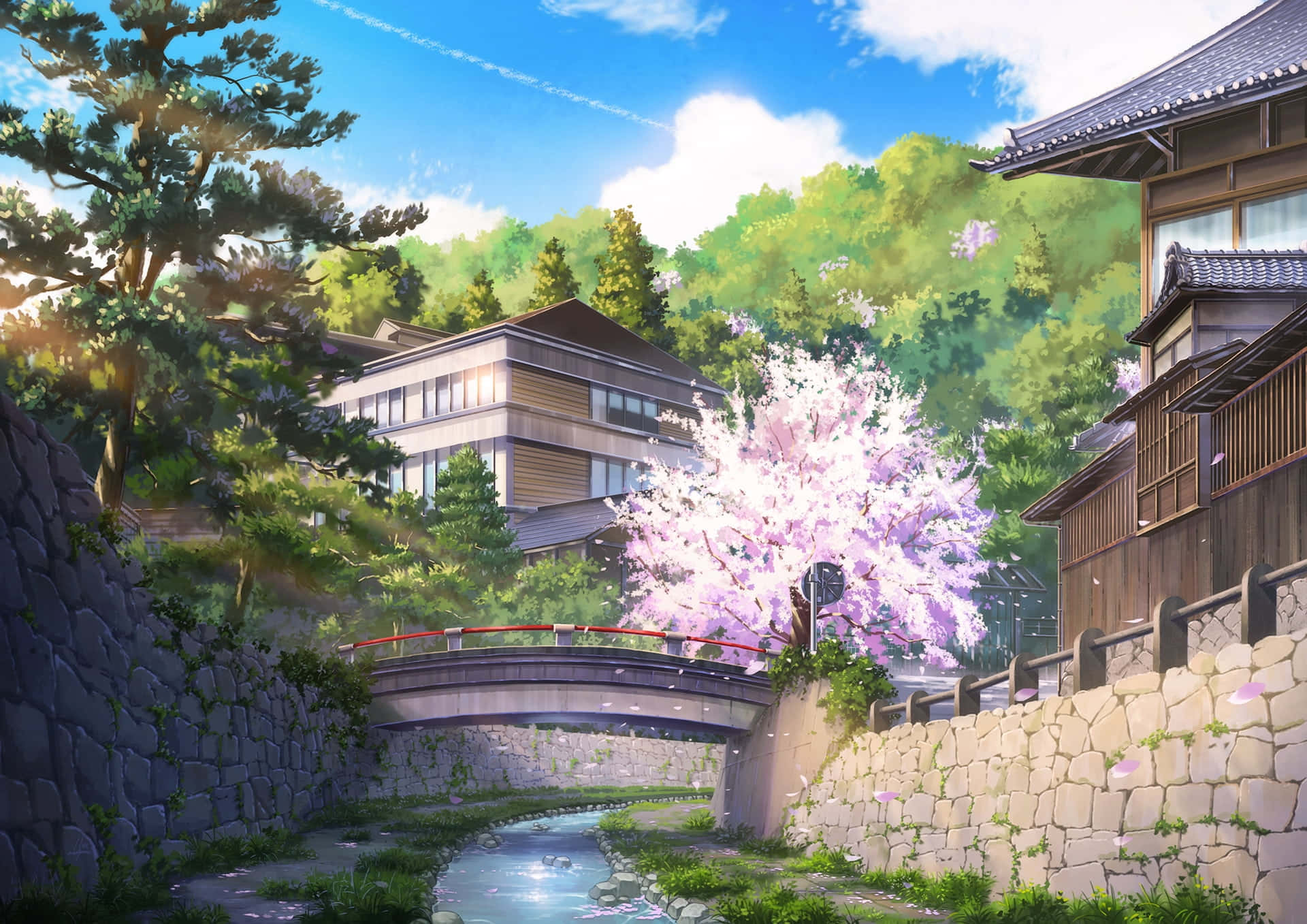 Anime Cherry Blossom 桌布 壁紙 — 寧靜的動畫風格場景，石橋橫跨溪流，櫻花盛開，傳統日式房屋在明亮的藍天下。