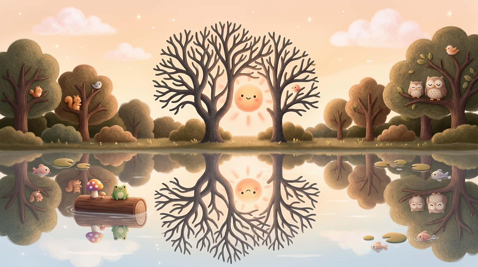 Whimsical Felted Forest Lake at Sunrise 壁紙 — 寧靜的卡通風景，微笑的太陽在光禿禿的樹木之間，倒映在平靜的水面上，有青蛙、貓頭鷹和魚。