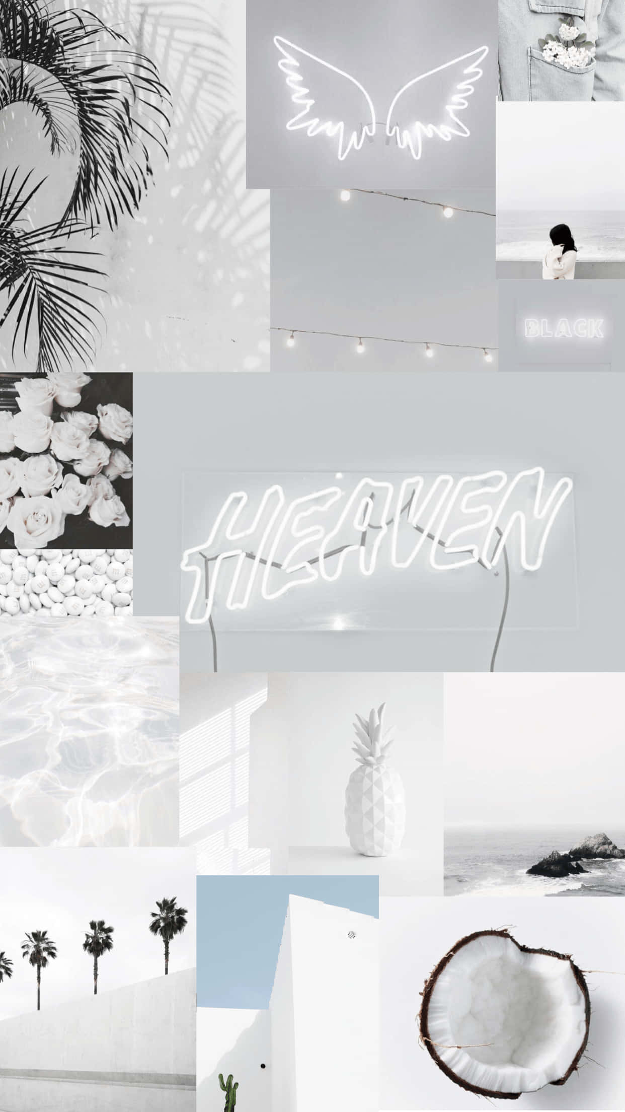 Soft White Aesthetic 桌布 壁紙 — 寧靜的單色拼貼畫，包含棕櫚葉、霓虹翅膀、『HEAVEN』標誌、椰子和海景，以簡約白色色調呈現。