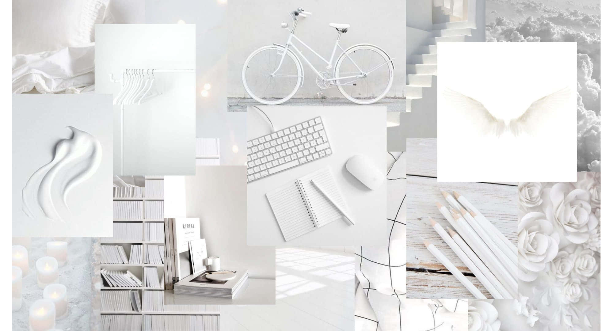 White Aesthetic Laptop 桌布 壁紙 — 寧靜的單色拼貼畫，包含白色自行車、書籍、蠟燭和花朵，在極簡的環境中。