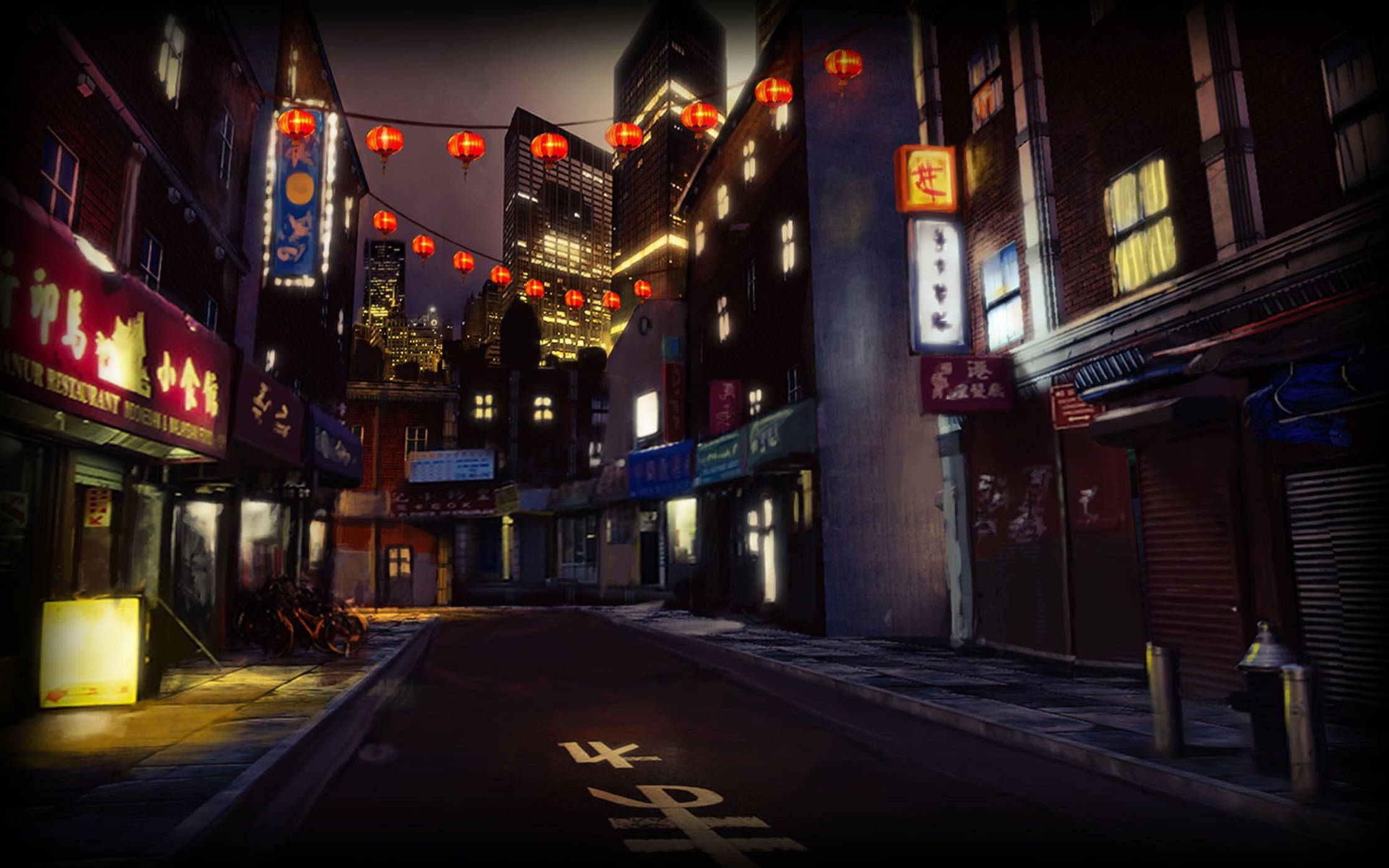 Buildings 桌布 壁紙 — 寧靜的城市小巷在夜晚被發光的紅燈籠和霓虹燈照亮，映襯著高聳的建築物。