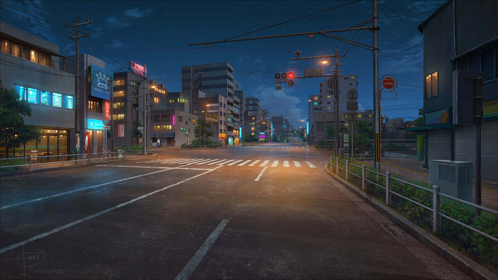 動漫城市 桌布 壁紙 — 寧靜的城市街道夜晚，霓虹燈和街燈在星空下映照在潮濕的路面上。