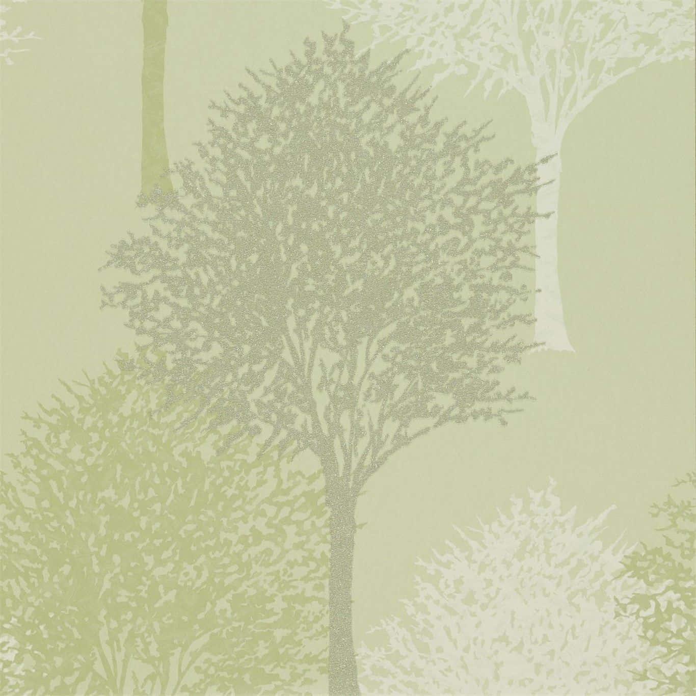trees 桌布 壁紙 — 寧靜的壁紙圖案，以柔和鼠尾草色和奶油色調的風格化樹木，帶有精緻的點狀紋理。