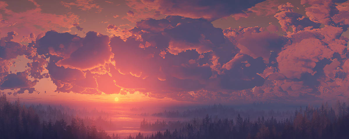 Aesthetic Sky 桌布 壁紙 — 寧靜的夕陽將天空染成火熱的橙色和紫色，雲朵在霧氣籠罩的森林和寧靜的河流上空發光。