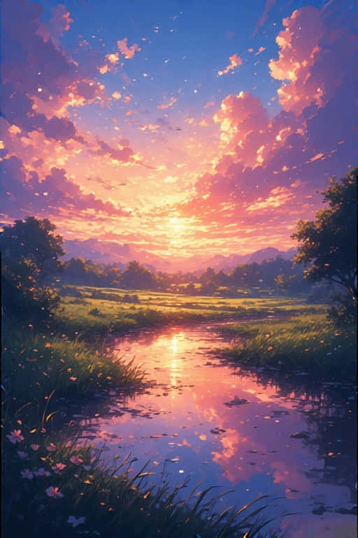Anime Sunset Rural Scenery Dreamy Vibrant 4K 壁紙 — 寧靜的夕陽用火熱的橙色和粉紅色描繪天空，倒映在一條蜿蜒穿過草地的平靜溪流中。